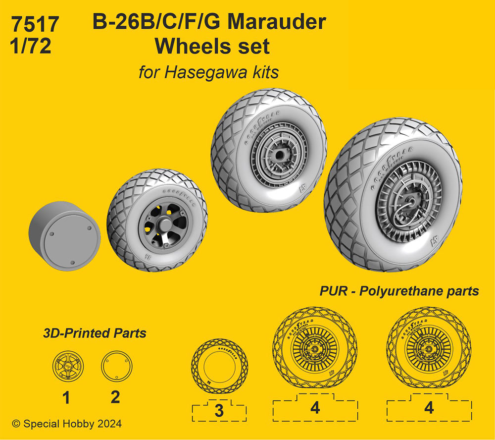 1/72 B-26B/C/F/Gマローダー用タイヤホイール・ハセガワ