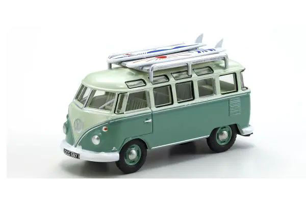 OX76VWS005 OXFORD 1/76 VW T1 サンバ バス サーフボード付 ターコイズブルー/ホワイト