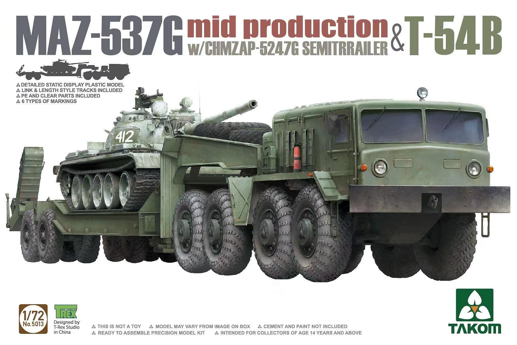 TKO5013 タコム 1/72 ロシア軍 MAZ-537G トラクター w/CHMZAP-5247G セミトレーラー 戦車運搬車 & T-54B  中戦車